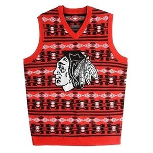 NHL Licensed Blackhawks Aztec Ugly‎ Sweater Vest Black Red Size M